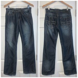 CJ Black Premium Bootcut 28 X 32 Dark Wash Blue Jeans, Cross On Pockets, Zip Fly